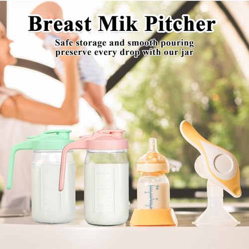 Mason Jar Pitcher, 32 oz Glass Milk Pitcher, Wide Mouth & Leakproof Glass Pitcher with Lid for milk, Sun Tea, Juice, Cold Brew Coffee and Drinks - color: pink+green