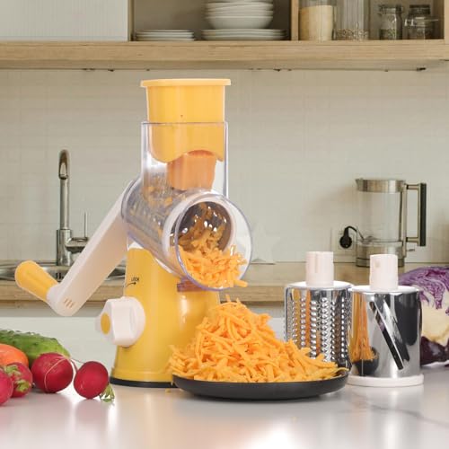 Cambom Rotary Cheese Grater Hand Crank Cheese Shredder for Fresh Cheese, Vegetable, Nuts,Non-slip Suction Base, Free Cleaning Brush Three Blades,Yellow - color: Yellow, size: 3 BLADES