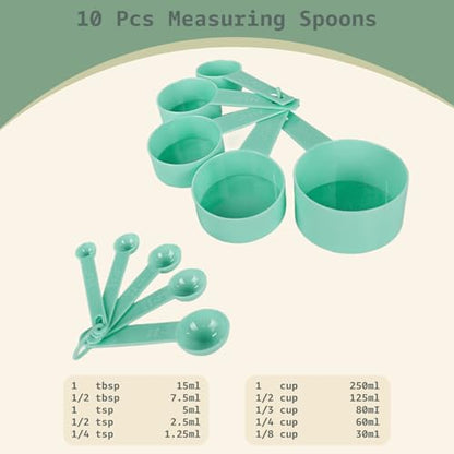 Inmorven 10pcs Measuring Cups and Spoons Set, BPA-Free Plastic Kitchen Baking Tools with Engraved Markings, Stackable Design for Dry & Liquid Ingredients (Green) - color: Green