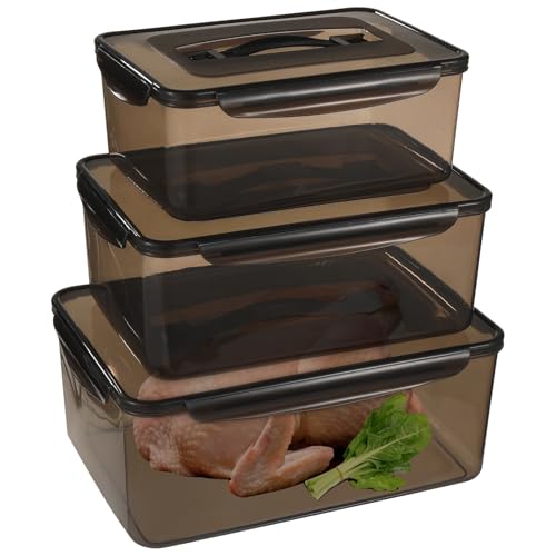 3 Pcs Food Storage Containers with Lids, Food-Safe Stackable Clear Rectangular Design, Leak-Proof Plastic Food Brining Containers for Meat, Great for Kitchen, Refrigerator