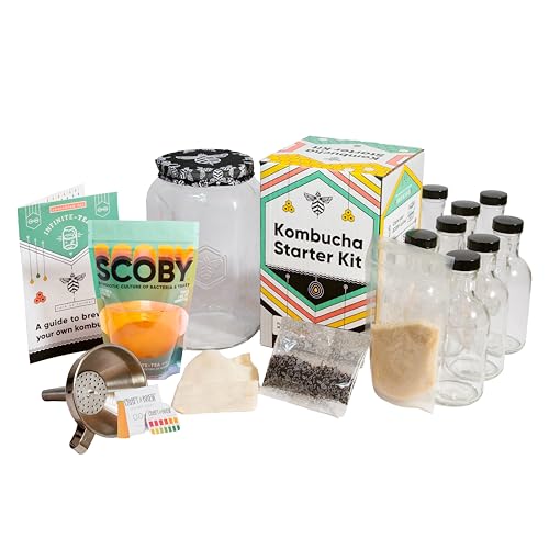Craft A Brew - Kombucha Deluxe Starter Kit - For Home Brewing - Includes Kombucha Kit and SCOBY, plus 8 16oz Reusable Kombucha Bottles, Stainless Funnel and Strainer, and PH test Strips - color: Deluxe Kit