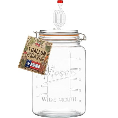 kitchentoolz 1-Gallon Mason Glass Fermenting Jar with Airlock Lid – Wide Mouth with Ounce & Milliliter Markings for Mead, Kombucha, Beer, Wine & Pickling - size: Pack of 1