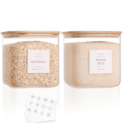 2 Pack Square Glass Flour and Sugar Containers with 132 Kitchen Pantry Labels - Thicken 85 FL OZ Large Glass Storage Jars with Airtight Bamboo Lid - Big Food Canisters for Cookies, Candy, Tea, Coffee - size: 85OZ