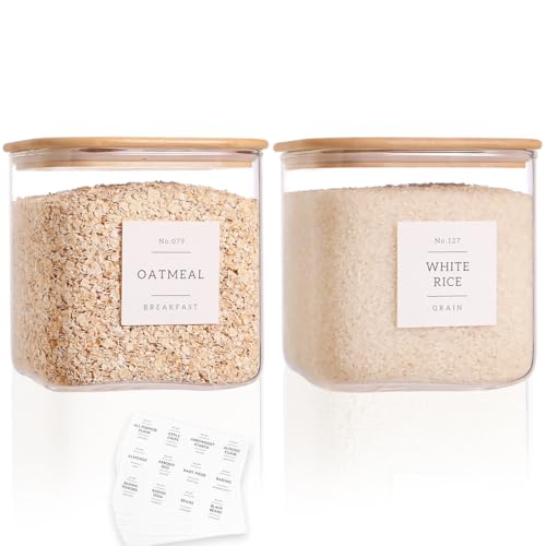 2 Pack Square Glass Flour and Sugar Containers with 132 Kitchen Pantry Labels - Thicken 85 FL OZ Large Glass Storage Jars with Airtight Bamboo Lid - Big Food Canisters for Cookies, Candy, Tea, Coffee - size: 85OZ