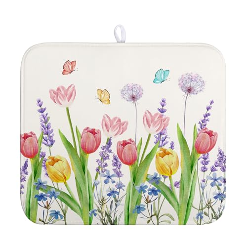 Spring Floral Dish Drying Mat Tulip Lavender Flower Dishes Pad Absorbent Microfiber Dish Draining Mat Washable Medium Dish Drainer Rack Mats for Kitchen Counter 16"x18" - color: Tulip, size: 16" x 18"