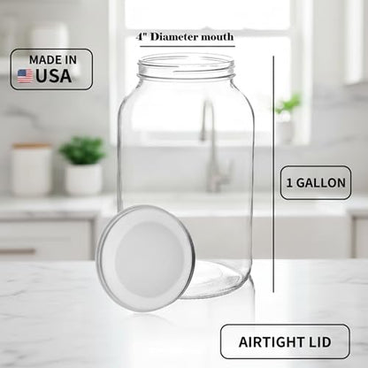 kitchentoolz 1 Gallon Glass Jar with Lid - Extra Wide Mouth Mason Jar - Made in USA - color: White Lid, size: 1 Gallon