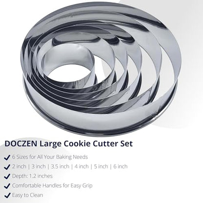 Doczen Large Round Cookie Cutter 6 PCS (2, 3, 3.5, 4, 5, 6 Inch) Set, 6-Piece Stainless Steel Biscuit Cutters, Heavy Duty Metal Ring Mold for Burger Press & Meat Shaping, Tortilla Crust