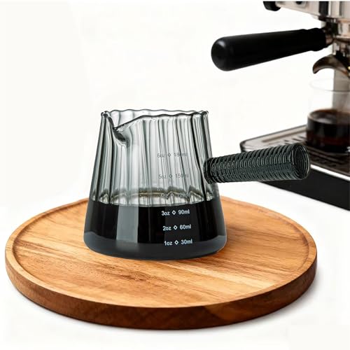 FANTESTICRYAN 6OZ Measuring Cup, Ribbed Borosilicate Glass Espresso Cup, V-Shaped Spout Drain Espresso Double Shots, Coffee Milk Tea Accessories (Dark Gray, Glass Handle) - style: Dark Gray Glass