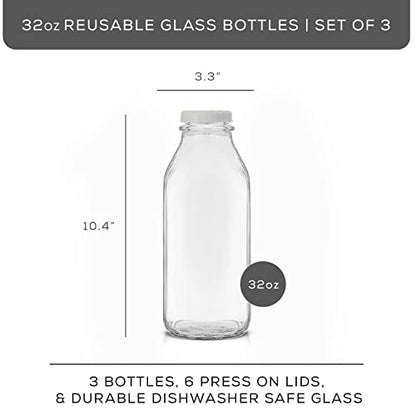JoyJolt Glass Milk Bottles with Lids and Pourer – 32 Oz, 3 Pack Airtight Heavy Duty Reusable Glass Bottles, Leakproof, BPA-Free, Food Grade, Dishwasher Safe Jug, Pitcher for Milk, Juice, and Water - size: 32 Oz