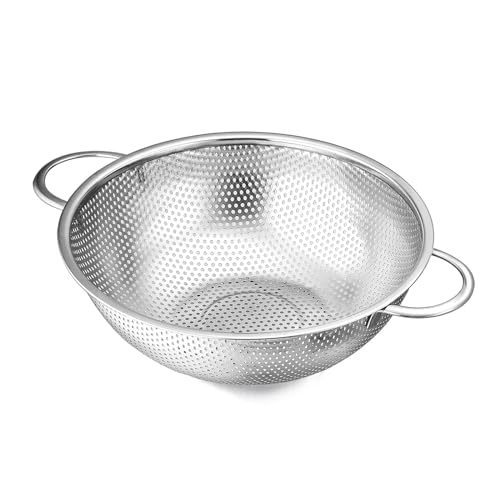 E-far Stainless Steel Colander, 3-Quart Micro-Perforated Metal Colander Strainer with Handle for Kitchen/Draining Pasta/Rinsing Vegetables Fruits, Heavy Duty & Dishwasher Safe - 8.8 Inches - size: 3 QT