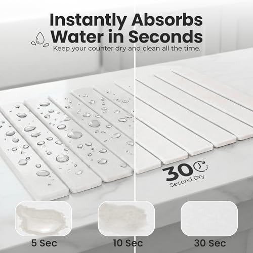 Large Stone Dish Drying Mat for Kitchen Counter, 23.5 x 15.4 in Diatomaceous Earth Mat, Quick Dry, Super Absorbent & Non-Slip, Includes Rack, Cleaning Brush, Cloth & Sandpaper – White