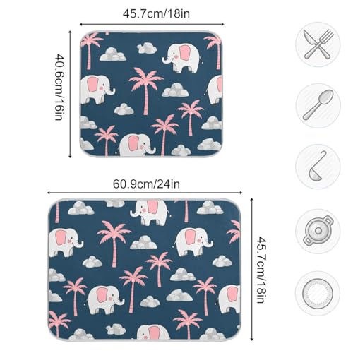 Elephant Coconut Tree Dish Drying Mat for Kitchen Counter Super Absorbent Draining Mat with Non-slip Backed Dish Drying Pad for Dish Bottles Cups Bowl Draining Racks Countertops Sinks