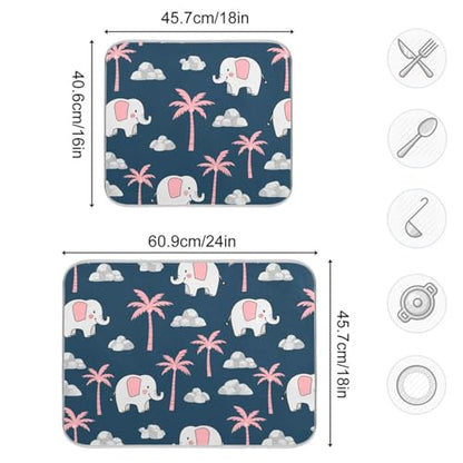 Elephant Coconut Tree Dish Drying Mat for Kitchen Counter Super Absorbent Draining Mat with Non-slip Backed Dish Drying Pad for Dish Bottles Cups Bowl Draining Racks Countertops Sinks