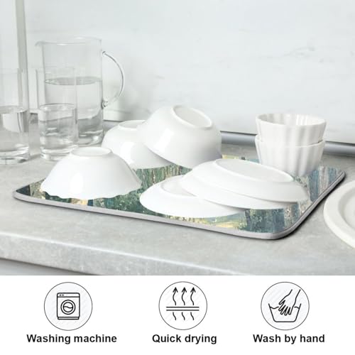 Birch Trees Path Dish Drying Mat for Kitchen Counter Super Absorbent Draining Mat with Non-slip Backed Drainer Mat for Dish Bottles Cups Bowl Draining Racks Countertops Sinks