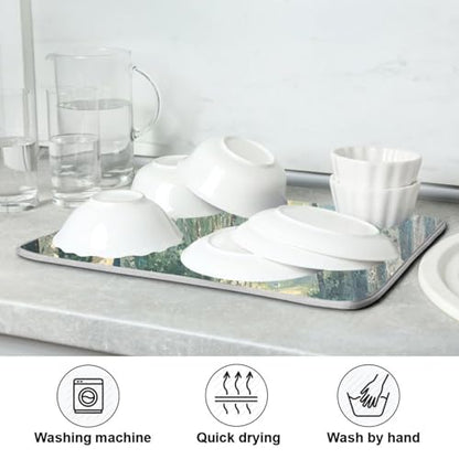 Birch Trees Path Dish Drying Mat for Kitchen Counter Super Absorbent Draining Mat with Non-slip Backed Drainer Mat for Dish Bottles Cups Bowl Draining Racks Countertops Sinks