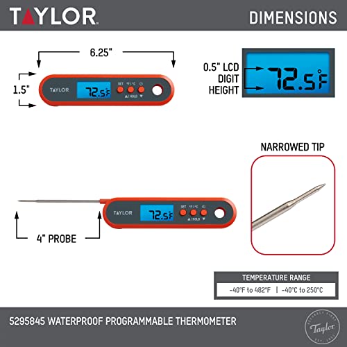 Taylor Digital Waterproof Meat Thermometer for GLP-1 High Protein Meal Prep – Folding Probe for Chicken, Salmon, Steak – Programmable Presets, Backlit Display for Oven, Grill, Orange
