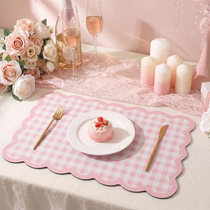 Scalloped Gingham Coffee Mat 12" x 20" Absorbent Coffee Bar Mat Gingham Espresso Matt for Counter(Pink) - color: Pink