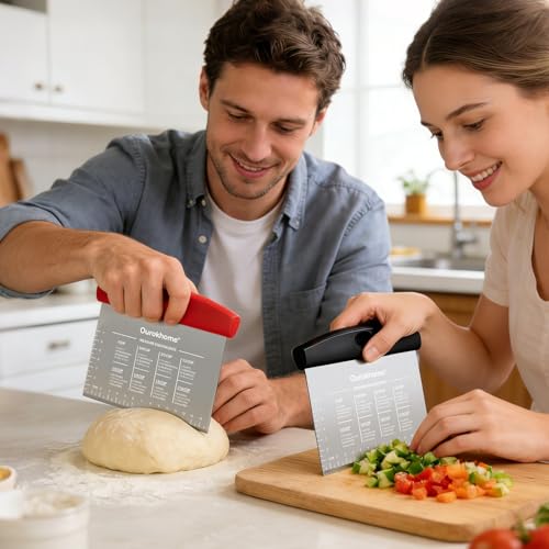 Ourokhome 2 Pack Bench Scraper Dough Cutter, Stainless Steel Dough Scraper with Laser-Etched Scale, Conversion Chart, Non-Slip Handle, Dishwasher Safe for Bread & Pastry, Black and Red - color: Red and black