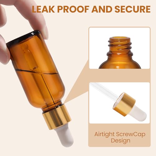UPBUD 50Pack 1oz Amber Glass Dropper Bottles with Gold Lids, Funnels, Droppers, Extra Caps & Labels – Leakproof, UV Resistant 30ml Empty Bottle for Tinctures, Essential Oils, Beard, Hair Oils - color: Amber-gold-1oz, size: 1oz