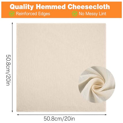 25 PCS Reusable Cheese Cloths, 20 x 20 Inches Hemmed Cloths for Straining Liquid, Unbleached Strainer for Cooking, Baking, Juicing, Cheese Making