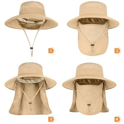 Sun Hats for Men Women Fishing Hat UPF 50+ Breathable Wide Brim Bucket Hats Summer UV Protection Safari Hat with Neck Flap - color: Khaki (With Face Cover)