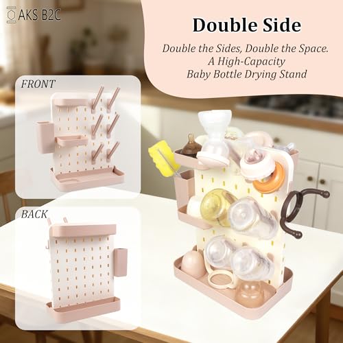 Baby Bottle Drying Rack Space Saving Countertop Vertical Rack with Brushes Holder (Pink) - color: Pink