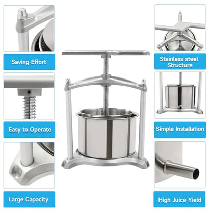6L Fruit Wine Press Fruit Cider Grinder w/Dual Stainless Steel Barrels Manual Juice Maker Cider Apple Grape Tincture Vegetables Honey Olive Oil Making Press for Herb Vegetables Home Kitchen Use - size: 6L/1.6Gallon