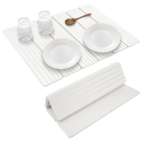 Large Stone Dish Drying Mat for Kitchen Counter, 23" × 15" Quick Dry Stone Mat, Collapsible Fast Absorbing Diatomaceous Earth Non-Slip Dish Drying Pad for Dishes & Cups (White, 23" × 15") - color: White
