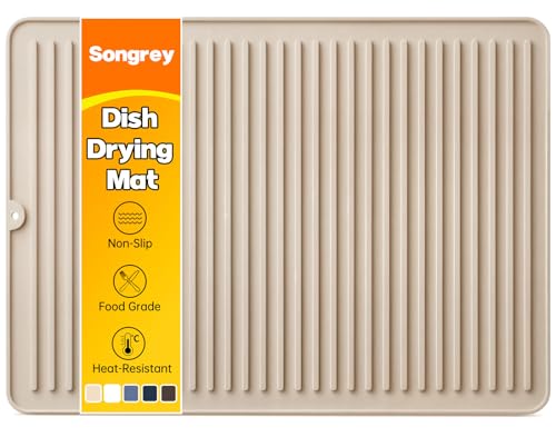 Songrey 24" x 18" Silicone Dish Drying Mat, Kitchen Counter Drying Pad for Sink Dishes or Under Rack, Multi-Use as Heat Resistant Trivet, Coffee Bar Mat - color: Beige, size: 24" x 18"