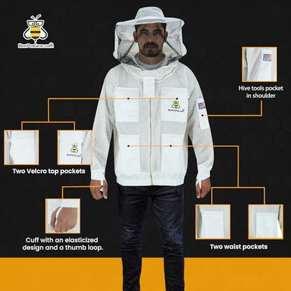 3-Layer Ventilated Mesh Bee Jacket for Men & Women with Veils Sting-Proof Beekeeping Jacket with Leather Gloves & Bag - color: White Round Veil, size: Medium