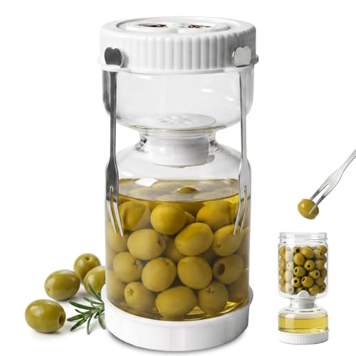 Pickle Jar with Strainer Flip, Pickle Container with Strainer with Two Forks, Airtight Glass Pickle Jar for Fermentation, Olive Jar with Date Tracker Lid, Jalapeno Container with Gas Port (White) - color: White