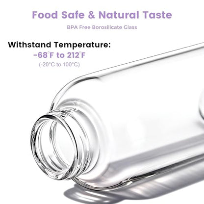 Mrsdry Glass Juice Bottles with Lids and Silicone Sleeves 18 oz, 4-Pack Reusable Clear Glass Water Bottles with Stainless Steel Airtight Cap for Juicing, Refrigerator, BPA Free Leak-Proof Drinking Jar - color: Purple