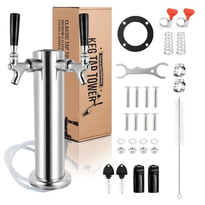 Kegerator Tower Dual Tap Beer Tower Dispenser, All Stainless Steel Beer Tap Tower Kegerator Parts, Upgraded 3" Double Tap Keg Tower with Pre-Assembled Tubing & Self-Closing Beer Faucet - size: Dual Tap Beer Tower(All Stainless Steel)