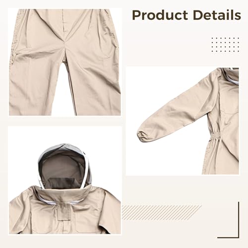 XXL Khaki Beekeeper Suit with Gloves, Thickened Full Body Bee Suits for Men, Protective Beekeeping Suit with Glove