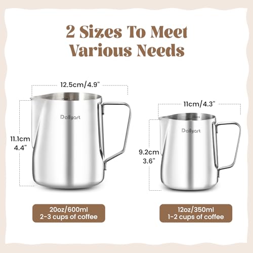 Milk Frothing Pitcher Set, Dailyart 12oz/350ml and 20oz/600ml Milk Frother Cup 304 Stainless Steel, Dripless Spout&Internal Scale - Barista Milk Steamer Cup Latte Art Tools for Home, Coffee Shops - size: 12 Ounces + 20.3 Ounces