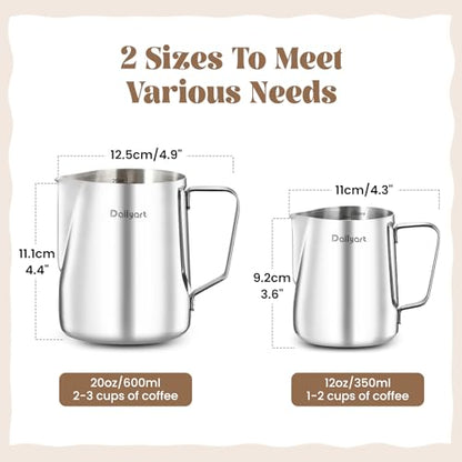Milk Frothing Pitcher Set, Dailyart 12oz/350ml and 20oz/600ml Milk Frother Cup 304 Stainless Steel, Dripless Spout&Internal Scale - Barista Milk Steamer Cup Latte Art Tools for Home, Coffee Shops - size: 12 Ounces + 20.3 Ounces