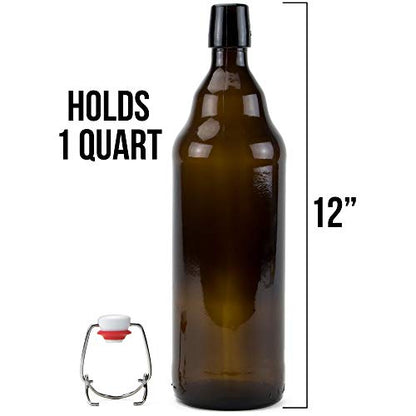 Cocktailor Glass Grolsch Beer Bottles (6-pack, 33.8 oz./1000 mL) Airtight Seal with Swing Top/Flip Top Stoppers - Home Brewing Supplies, Fermenting of Alcohol, Kombucha Tea, Wine, Soda - Amber