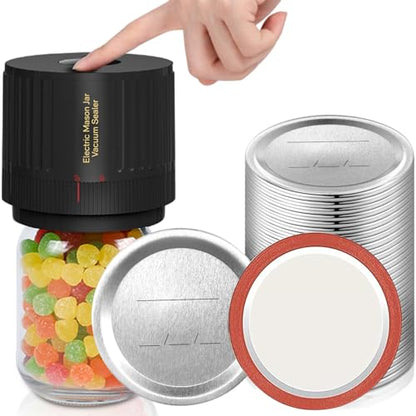Electric Mason Jar Vacuum Sealer Kit & Mason Jar Lids and Rings 48Pcs/24 Sets for Wide Mouth