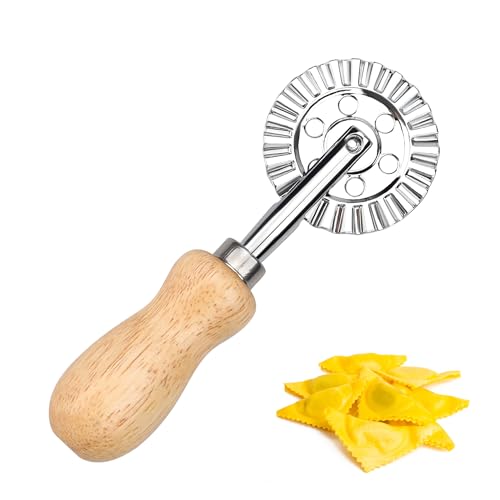 Pastry Cutter Wheel, Crinkle Wheel with Beech Wood Handle | 304 stainless steel crinkle blade, beech wood handle, multi-use for pizza pasta pastry cookie ravioli, 5 variants - color: Short Handle Large Cutter Wheel
