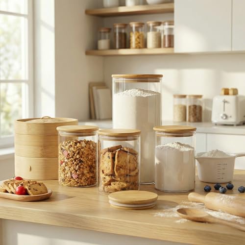 HomArtist Extra Large Glass Flour and Sugar Storage Containers with Airtight Lids,132 floz x2 [Set of 2] Big Glass Jars with Bamboo Lids, Air Tight Food Storage Jars for Cereal, Pasta, Rice, Coffee - color: 132oz 2 Pack