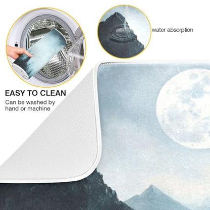 Moon Pine Trees Mountain Dish Drying Mat for Kitchen Counter Super Absorbent Draining Mat with Non-slip Backed Dish Drying Pad for Draining Racks Countertops Sinks Dish Bottles Cups Bowl