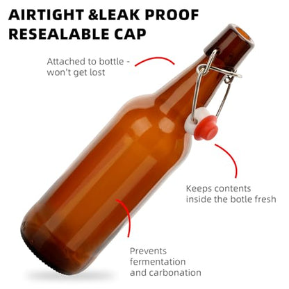 1Pc 16oz Amber Swing Top Brewing Bottles with Leak Proof Easy Caps, Glass Beer Bottle Flip Top Bottles For Kombucha, Kefir, Vanilla Extract, Beer (16oz Long Neck)