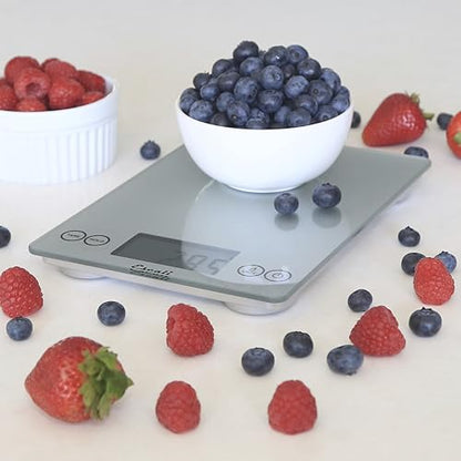 Escali Arti Glass Food Scale Digital Countertop Kitchen, Baking and Cooking Scale with Nutrition and Calorie Counter, 15-Pound Capacity, 9" x 6.5" x .75", Shiny Silver - color: Shiny Silver