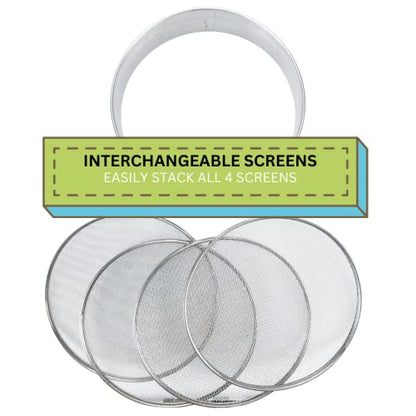 HOMEGARDEN 8" Soil Sieves Set | 5 Pc Set Includes 1 Stainless Steel Frame + 4 Sieve Screens | Screen Sizes 0.5mm, 1mm, 2mm, 3mm | Great for Sifting Rocks, Seeds, Dirt, Compost and Potting Soil