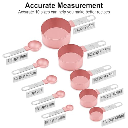 Measuring Cups and Spoons Set, 10 Pieces Nesting Measure Tools, Kitchen Essentials Gadgets with Stainless Steel Handle for Dry & Liquid Ingredient, Pink - color: Pink 10 Pcs