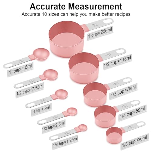Measuring Cups and Spoons Set, 10 Pieces Nesting Measure Tools, Kitchen Essentials Gadgets with Stainless Steel Handle for Dry & Liquid Ingredient, Pink - color: Pink 10 Pcs