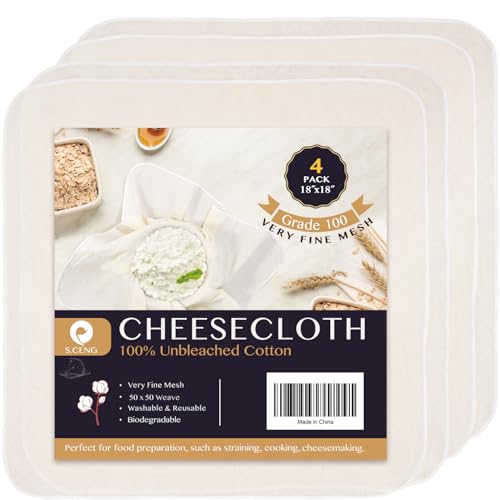 Precut Cheesecloth, 18 x 18'' 4 Pack, Grade 100, Ultra Fine Cheese Cloth for Straining & Cooking, 100% Unbleached Cotton Muslin Cloth for Making Cheese