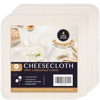 Precut Cheesecloth, 18 x 18'' 4 Pack, Grade 100, Ultra Fine Cheese Cloth for Straining & Cooking, 100% Unbleached Cotton Muslin Cloth for Making Cheese