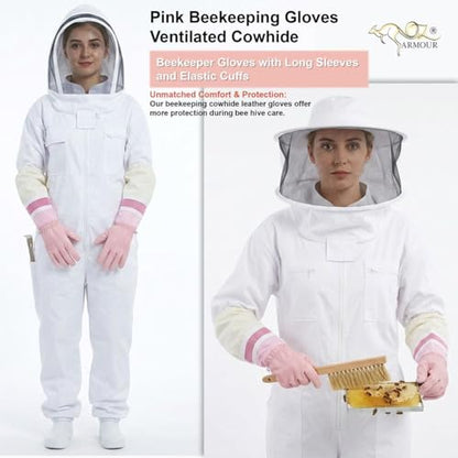 Pink Beekeeping Gloves - Cowhide Ventilated Beekeeper Gloves with Long Sleeve & Elastic Cuff - size: XX-Large