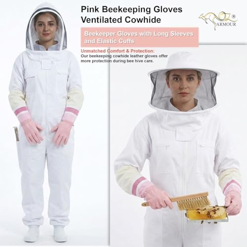 Pink Beekeeping Gloves - Cowhide Ventilated Beekeeper Gloves with Long Sleeve & Elastic Cuff - size: Small